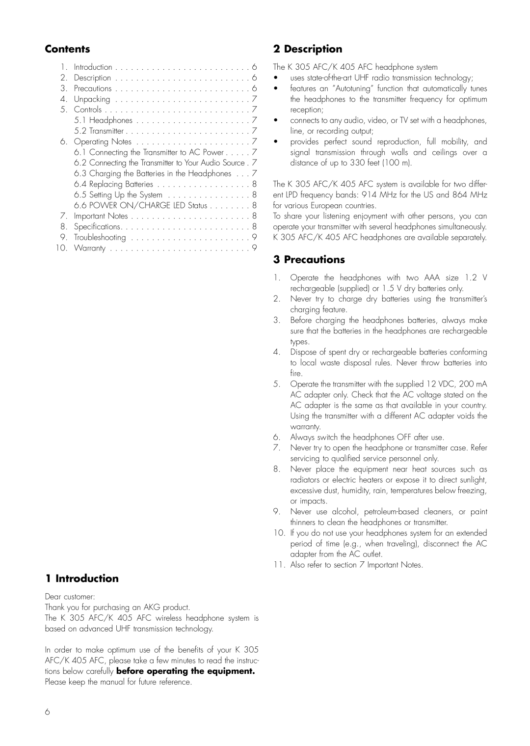 AKG Acoustics K 305 AFC, K 405 AFC manual Contents, Introduction, Description, Precautions 