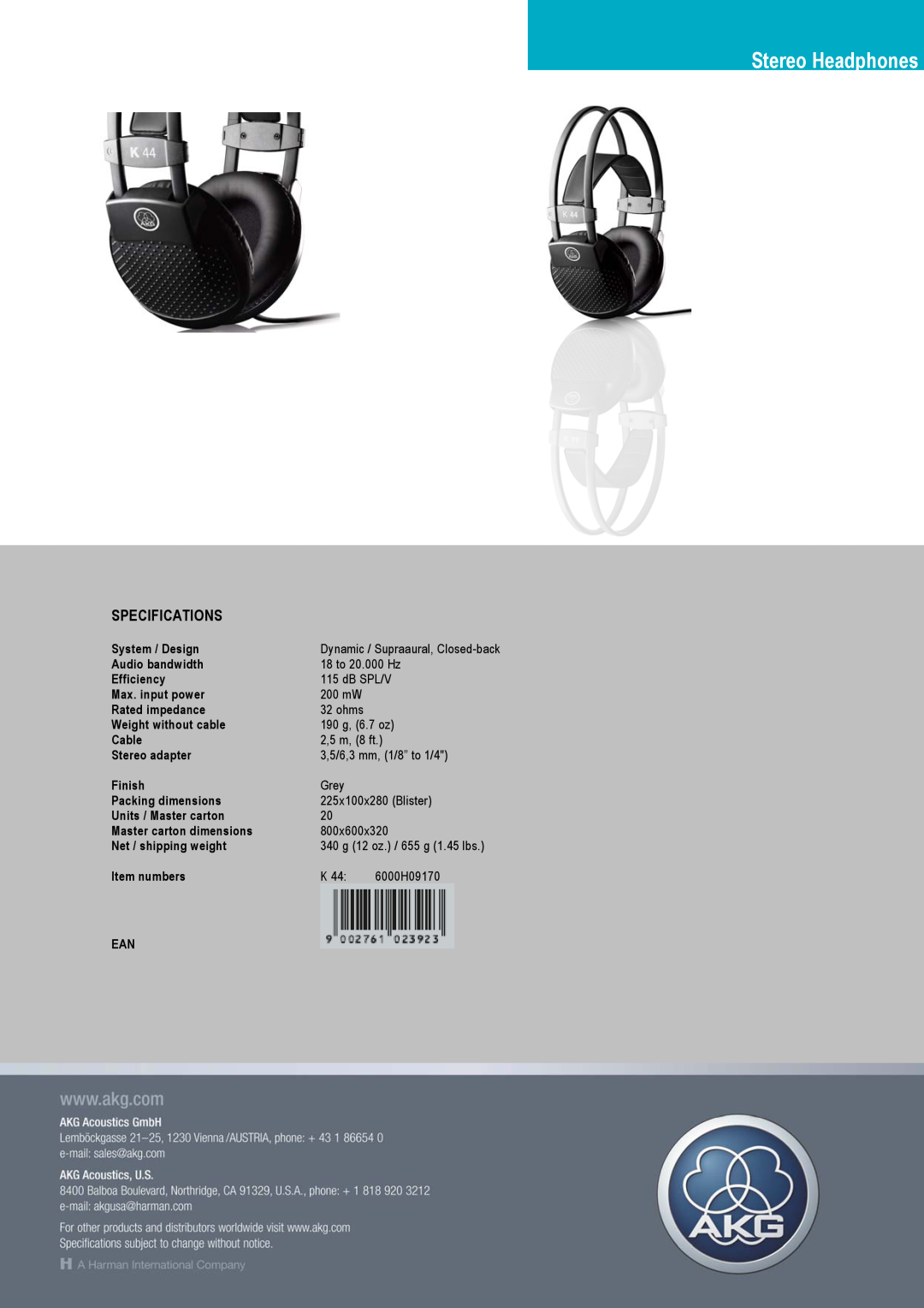AKG Acoustics K 44 manual Stereo Headphones, Specifications 