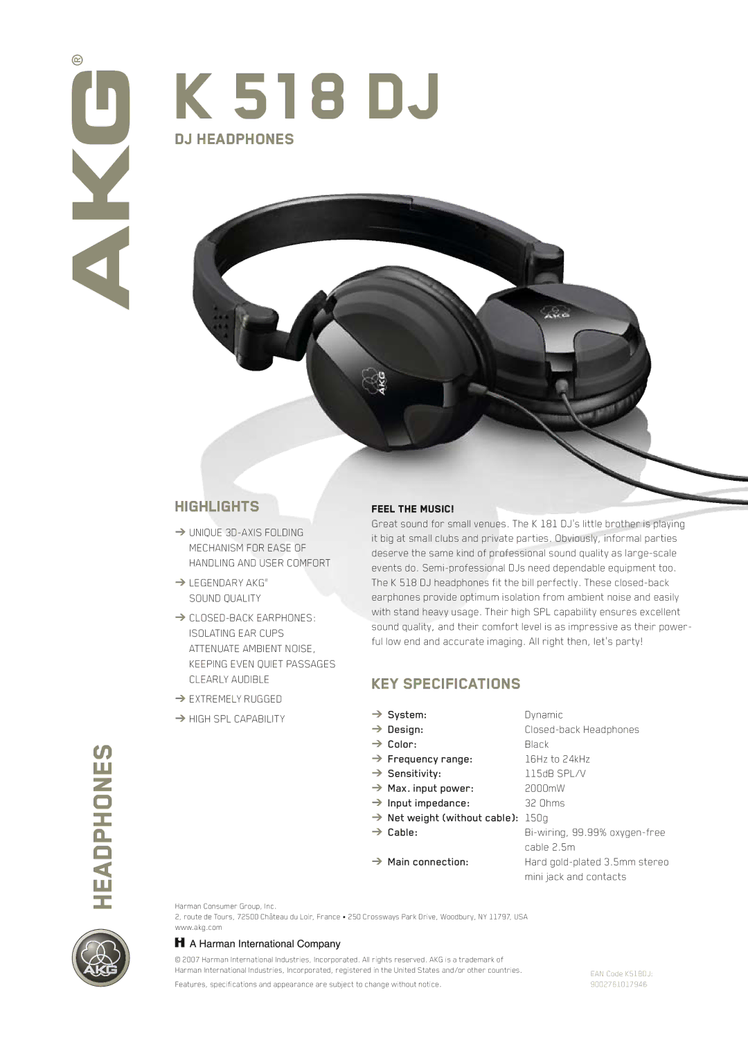 AKG Acoustics K 518 DJ specifications DJ Headphones, Highlights, KEY Specifications 