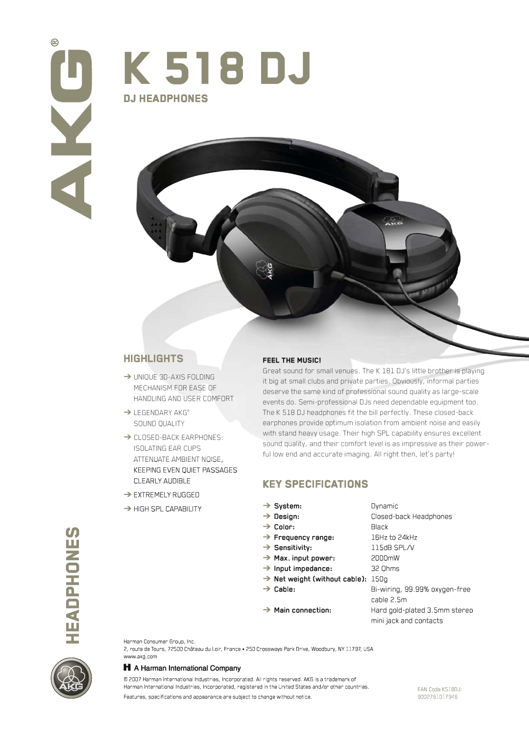 AKG Acoustics K 518 DJ specifications Dj Headphones, Highlights, Key Specifications 