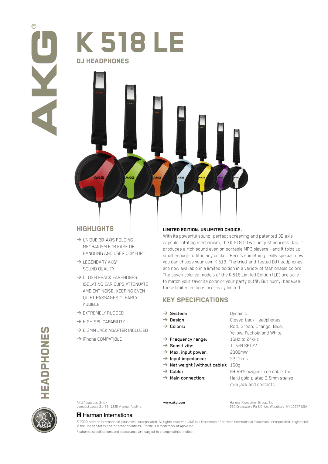 AKG Acoustics K 518 LE specifications DJ Headphones, Highlights, KEY Specifications 