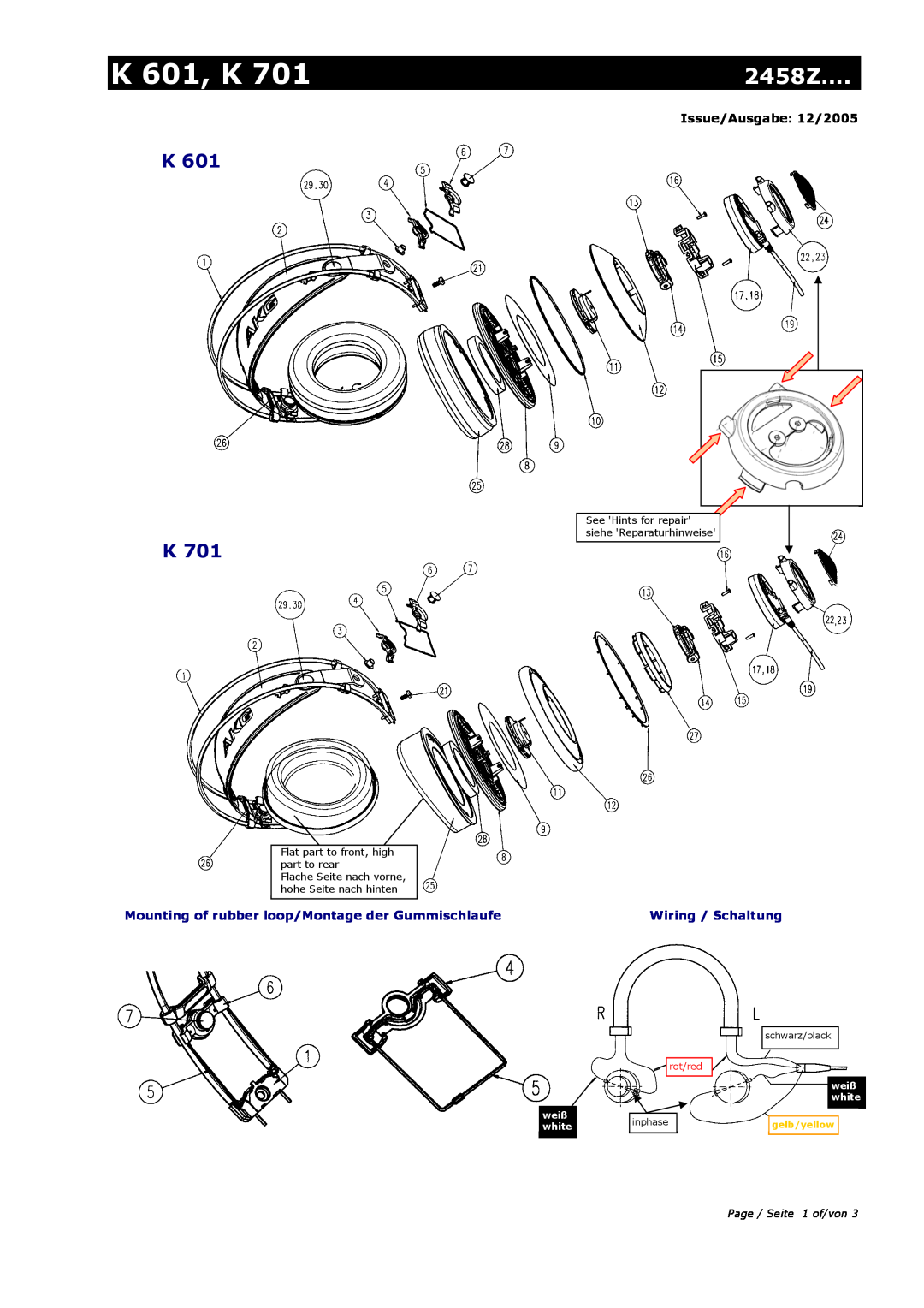 AKG Acoustics K 701 manual K 601, K, 2458Z…, Mounting of rubber loop/Montage der Gummischlaufe, Issue/Ausgabe 12/2005 