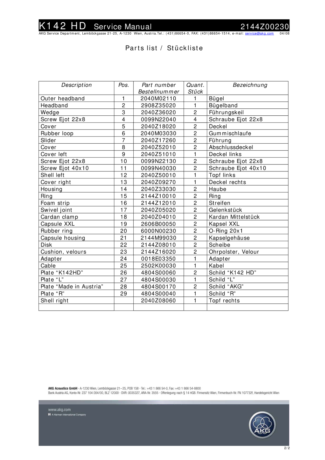 AKG Acoustics K142HD service manual Parts list / Stückliste 