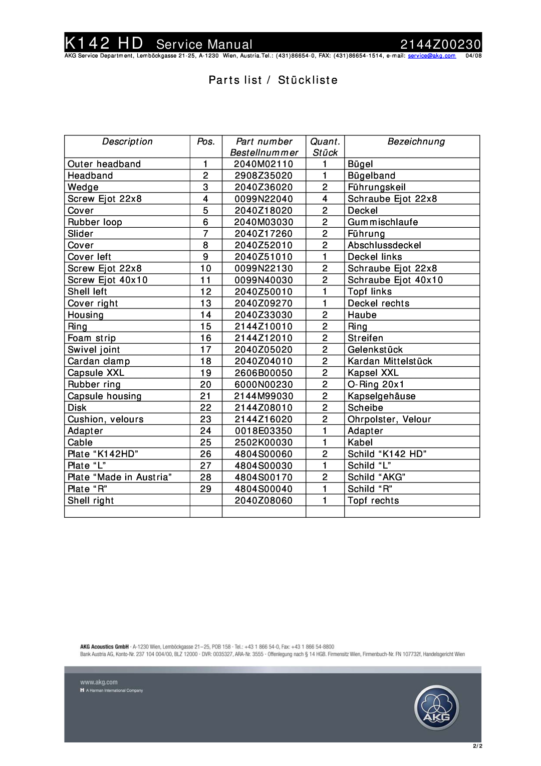 AKG Acoustics K142HD service manual 2144Z00230, Parts list / Stückliste 