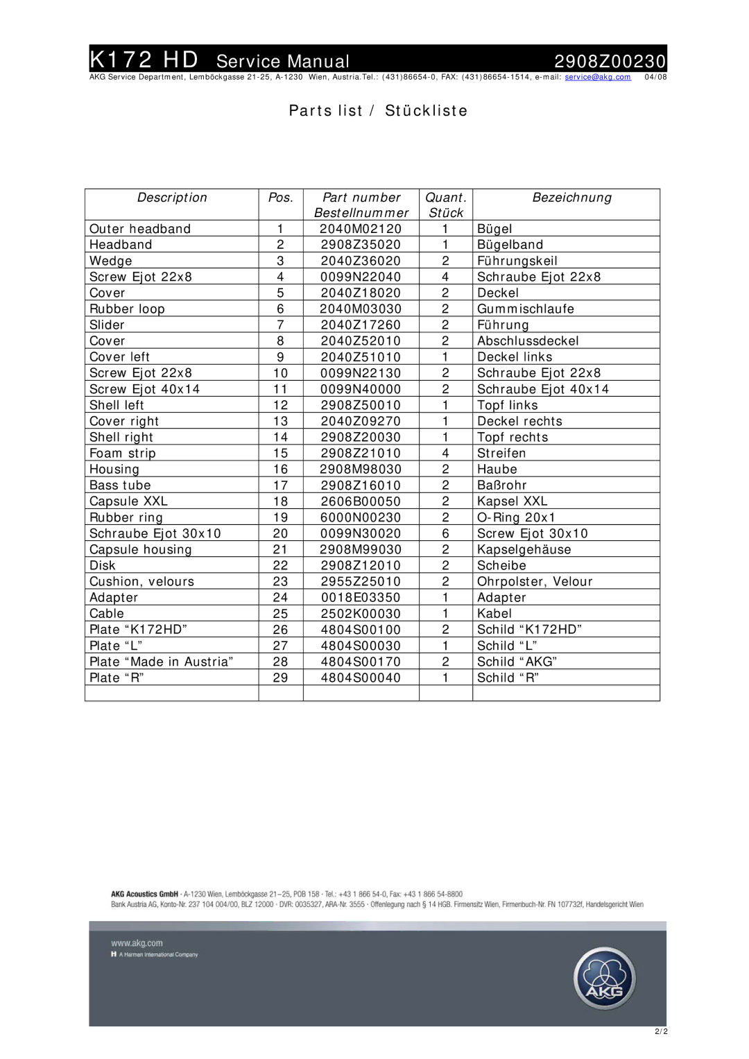 AKG Acoustics K172 HD service manual Parts list / Stückliste 