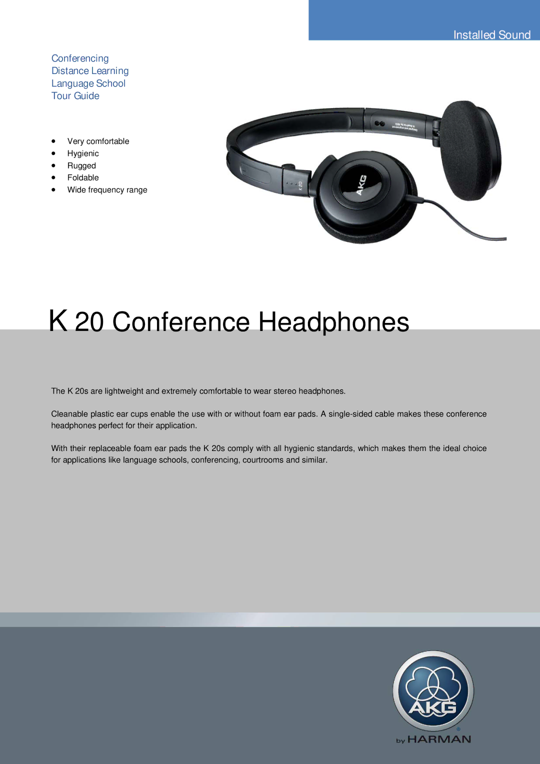 AKG Acoustics K20 manual Conference Headphones, Installed Sound 