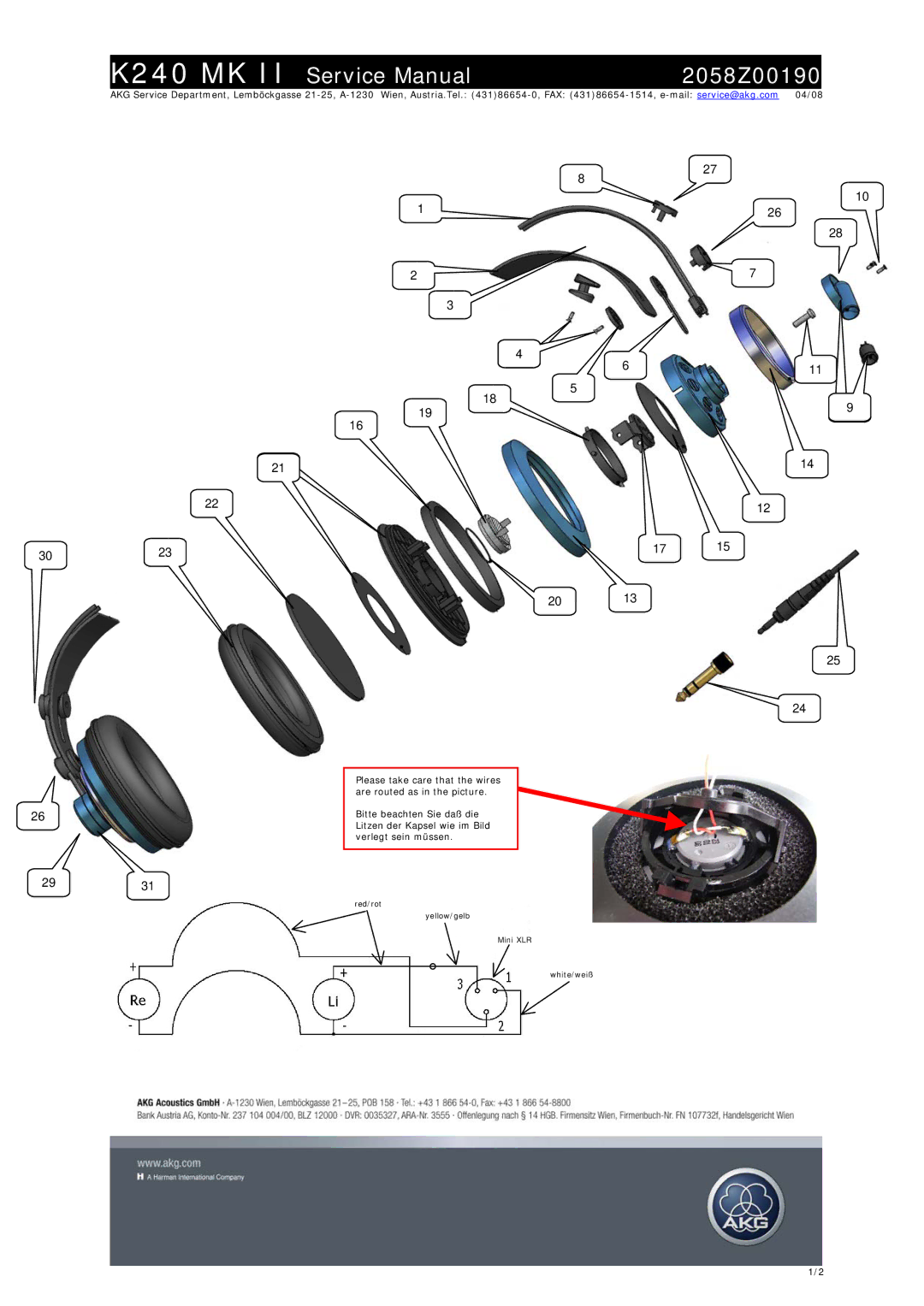 AKG Acoustics K240 MK II service manual 2058Z00190, 3023 2931 