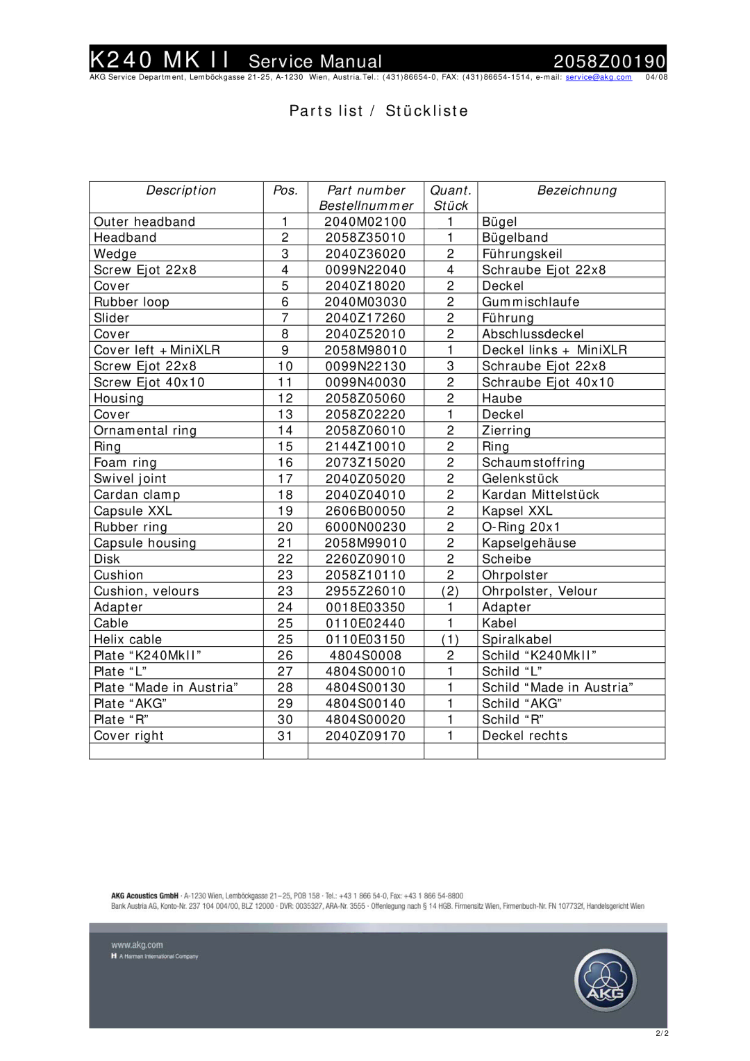 AKG Acoustics K240 MK II service manual Parts list / Stückliste 