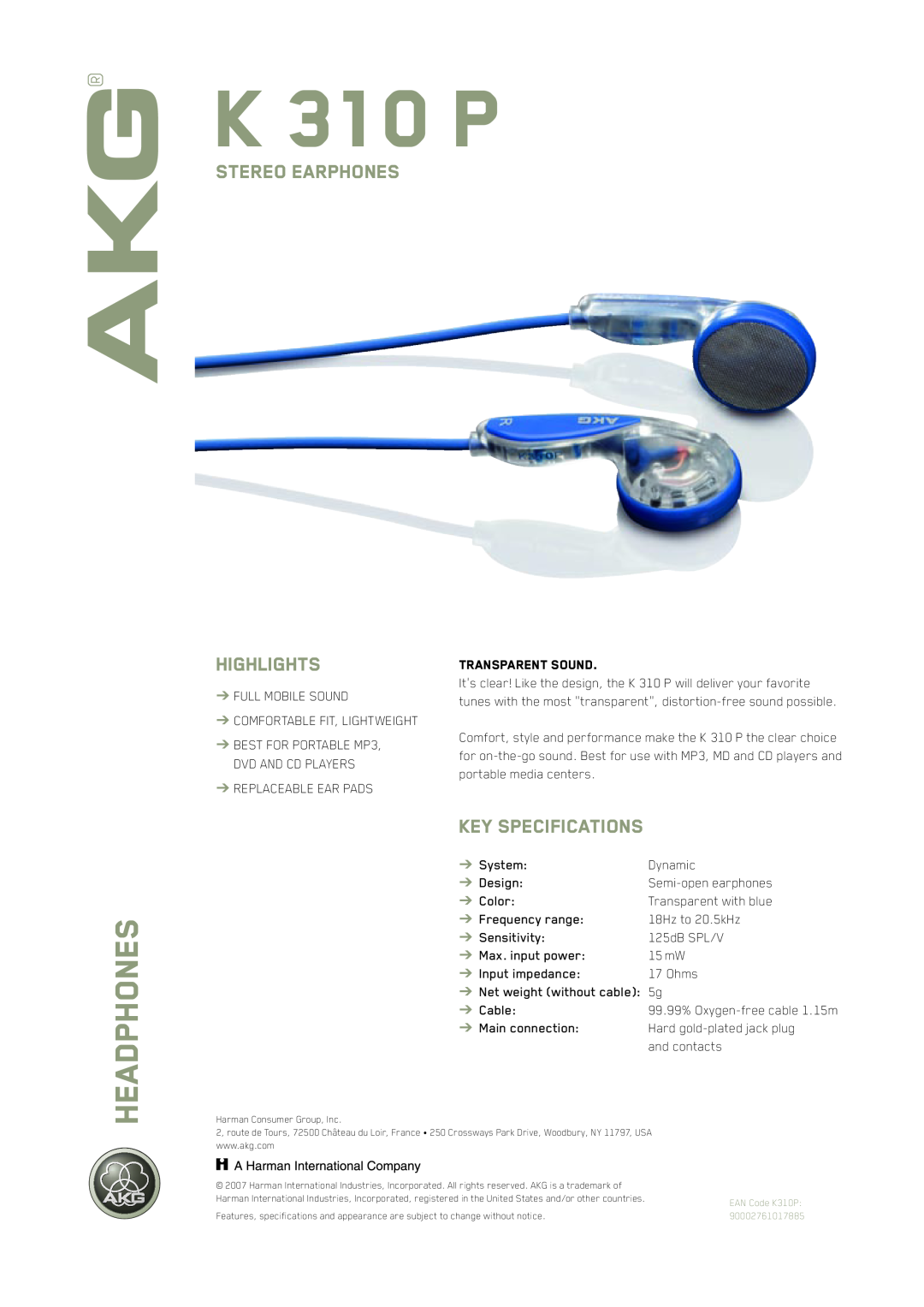 AKG Acoustics K310P specifications K 310 P, Headphones, Stereo Earphones, Highlights, Key Specifications 