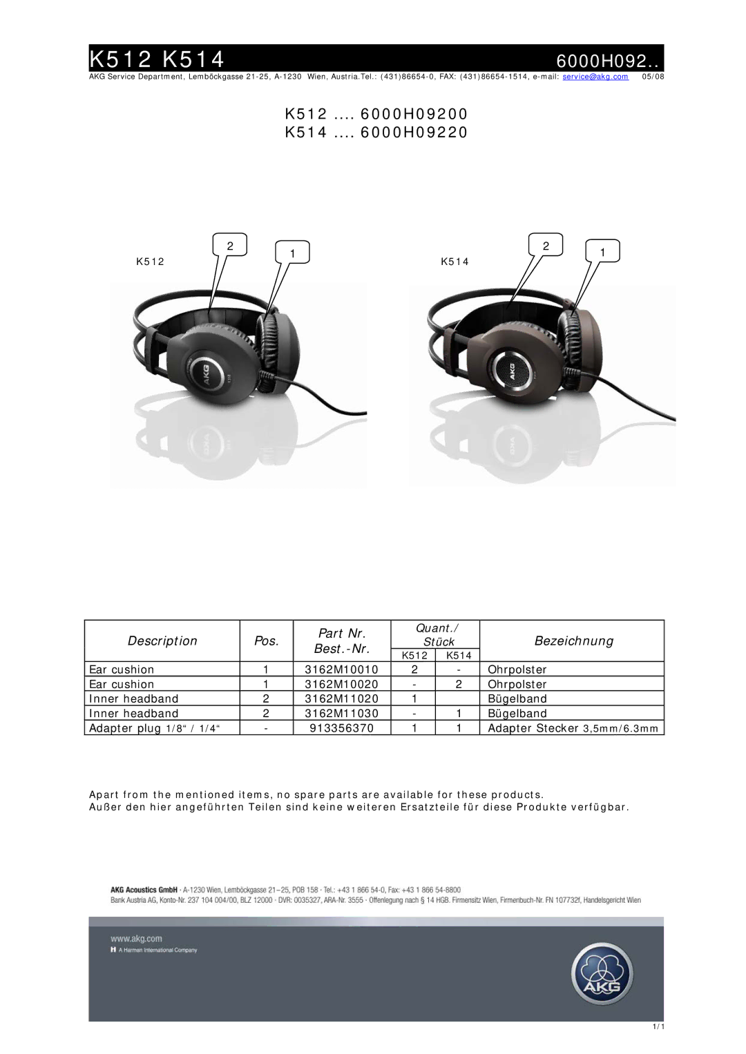 AKG Acoustics manual K512 K514, 6000H092, K512 ... H09200 K514 ... H09220, Description Pos Part Nr, Bezeichnung 