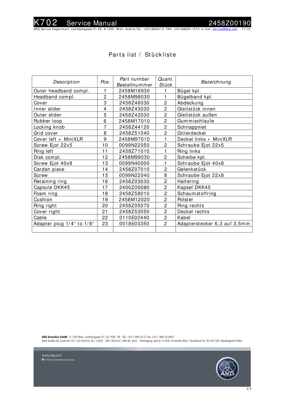 AKG Acoustics K702 service manual 2458Z00190, Parts list / Stückliste 