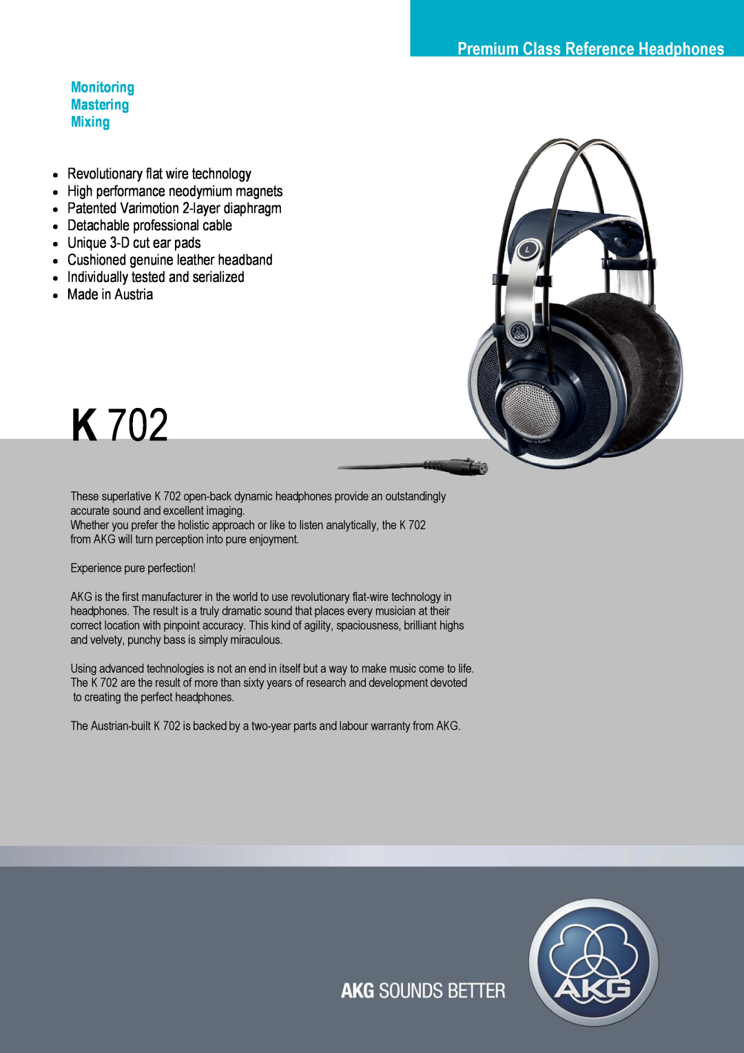 AKG Acoustics K702 warranty Premium Class Reference Headphones, Monitoring Mastering Mixing, Detachable professional cable 