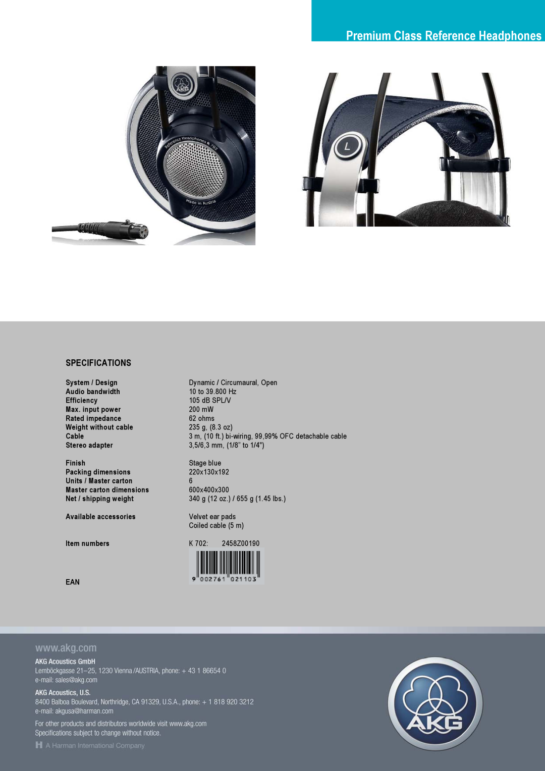 AKG Acoustics K702 warranty Premium Class Reference Headphones, Specifications 