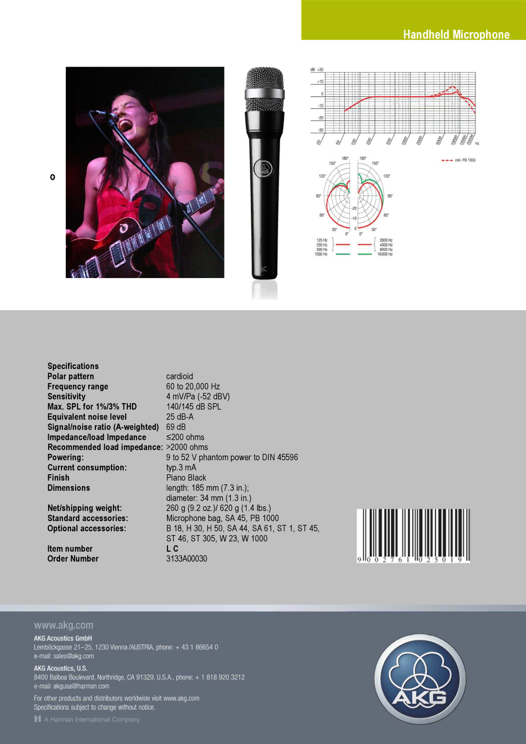 AKG Acoustics LC manual Specifications Polar pattern 