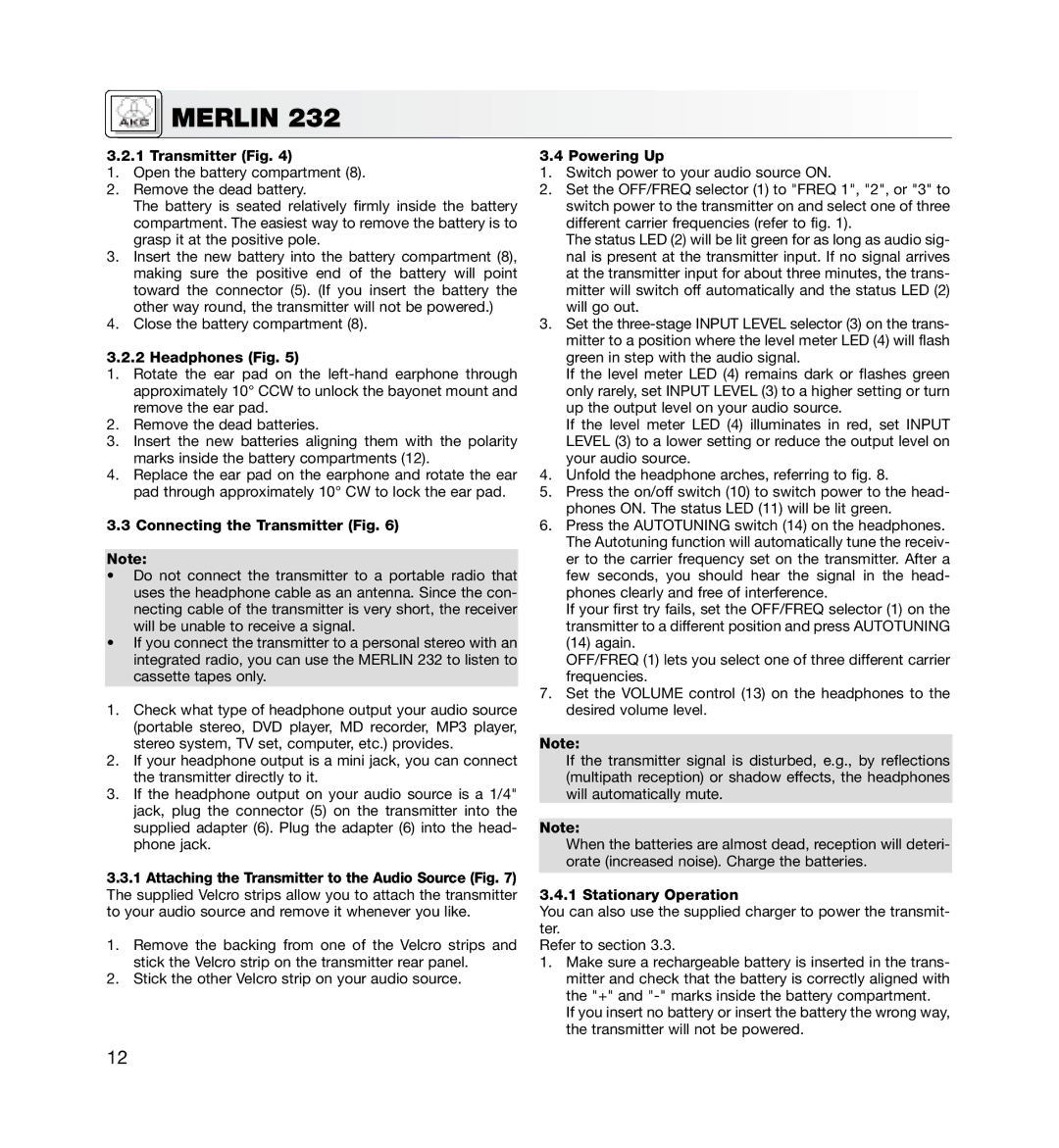 AKG Acoustics MERLIN 232 manual Headphones Fig, Connecting the Transmitter Fig, Powering Up, Stationary Operation 