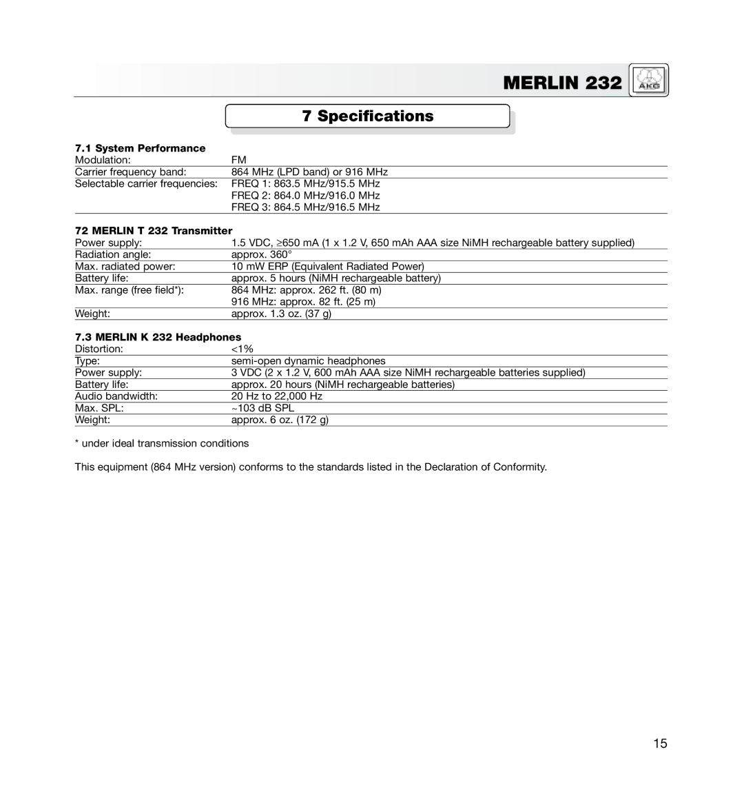 AKG Acoustics MERLIN 232 manual Specifications, System Performance, Merlin T 232 Transmitter, Merlin K 232 Headphones 