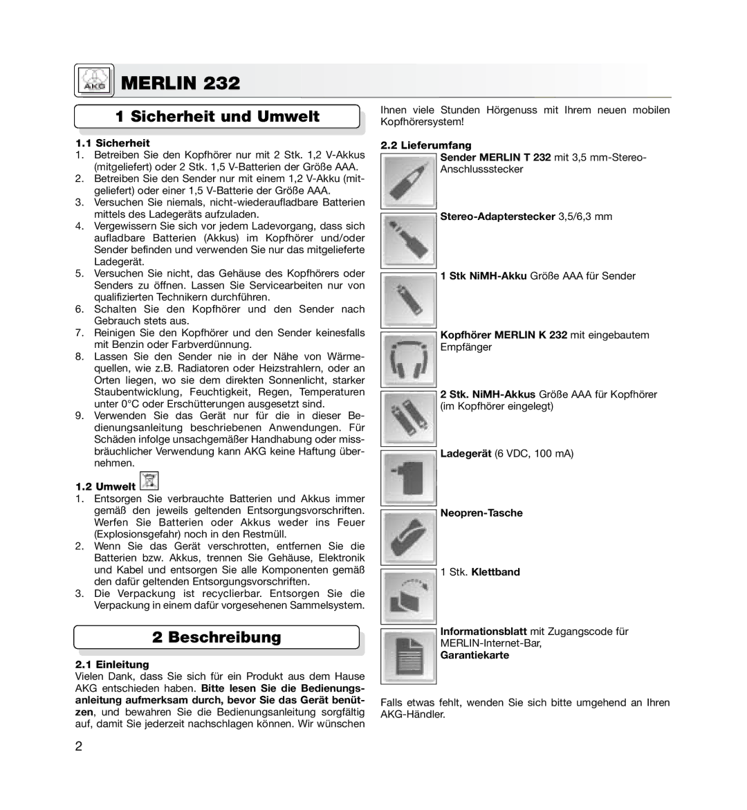 AKG Acoustics MERLIN 232 manual Sicherheit und Umwelt, Beschreibung 