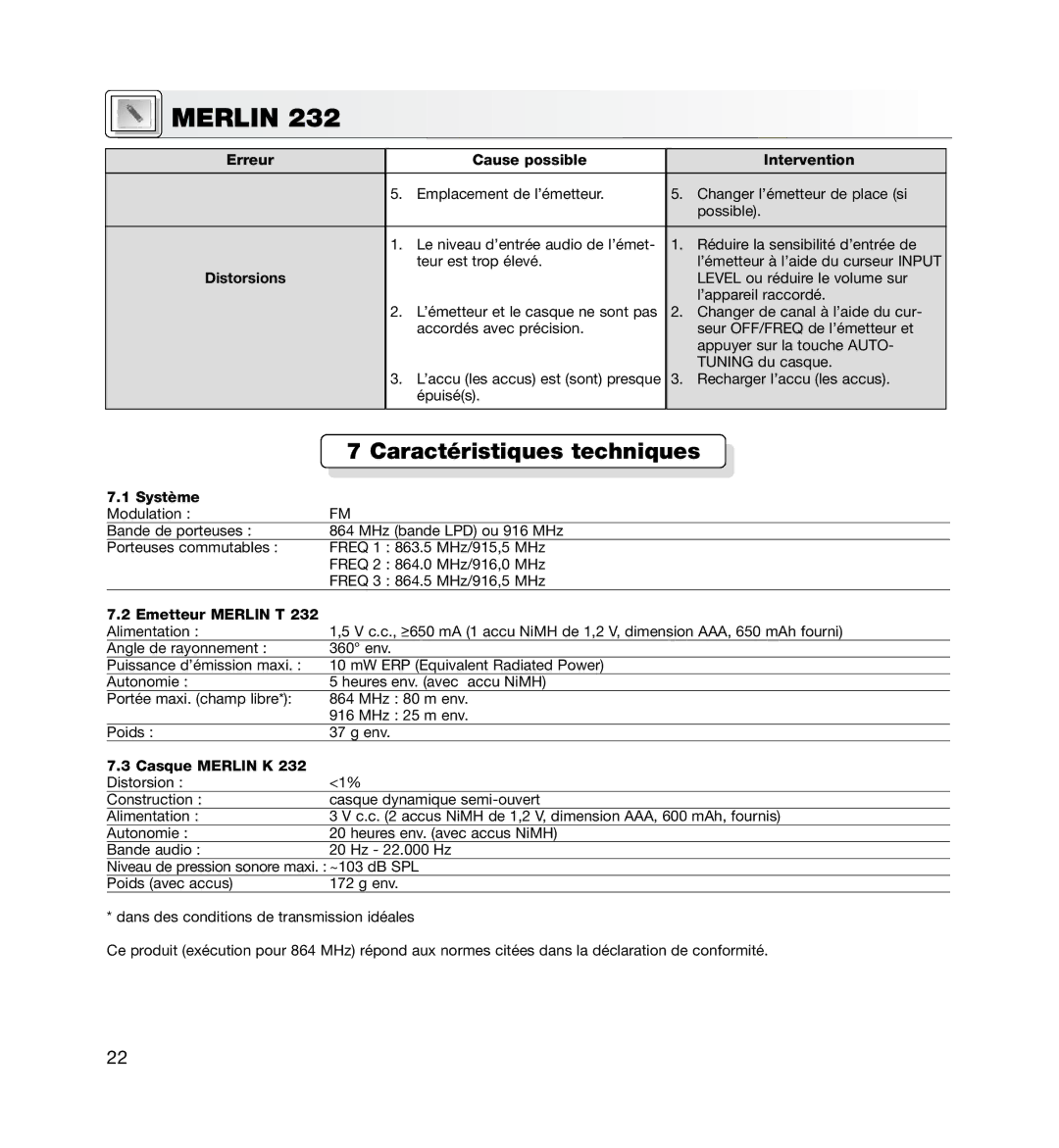 AKG Acoustics MERLIN 232 manual Caractéristiques techniques, Distorsions, Système, Emetteur Merlin T, Casque Merlin K 