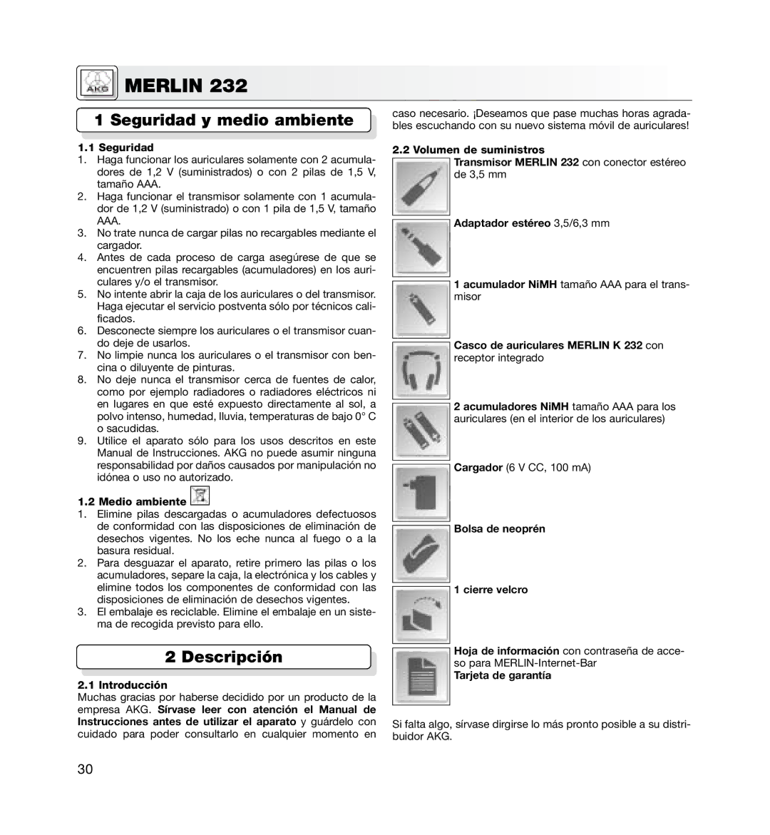 AKG Acoustics MERLIN 232 manual Seguridad y medio ambiente, Descripción 