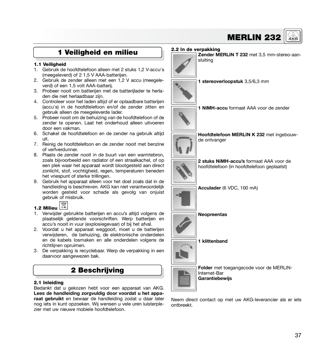 AKG Acoustics MERLIN 232 manual Veiligheid en milieu, Beschrijving 