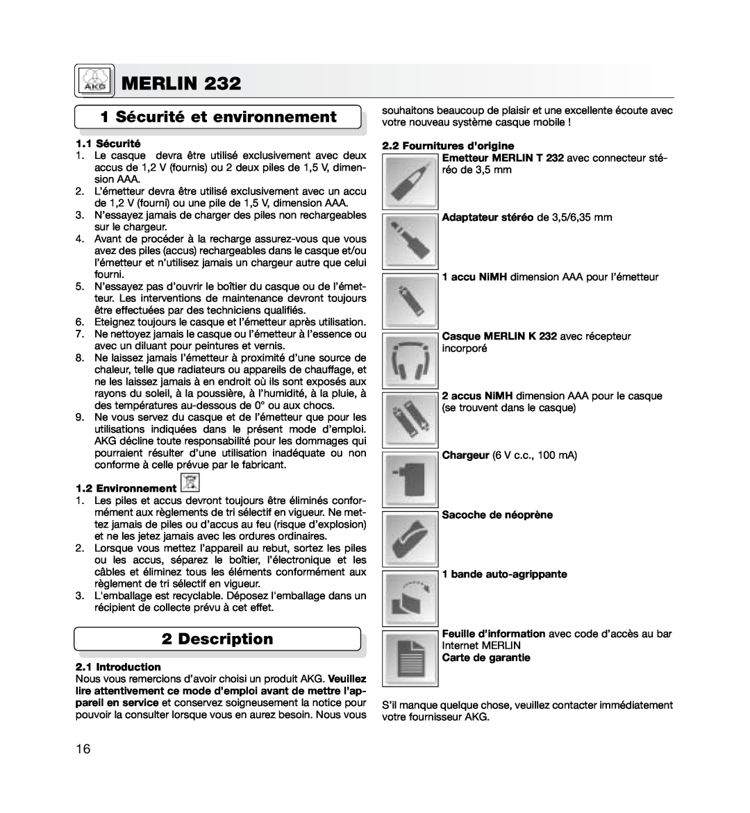 AKG Acoustics MERLIN 232 manual 1 Sécurité et environnement, 1.1 Sécurité, Environnement, Fournitures d’origine, Merlin 