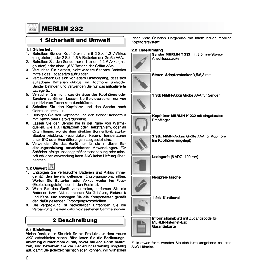 AKG Acoustics MERLIN 232 Merlin, Sicherheit und Umwelt, Beschreibung, Lieferumfang, Sender MERLIN T 232 mit 3,5 mm-Stereo 