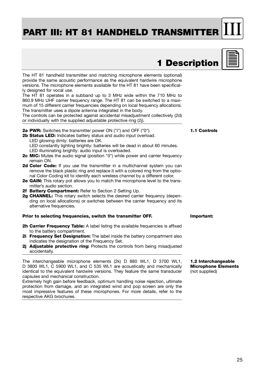 AKG Acoustics PT 81, PR 81 manual Part III HT 81 Handheld Transmitter, Controls, Interchangeable, Microphone Elements 