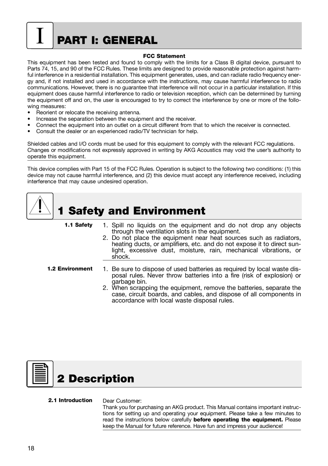 AKG Acoustics PR 81, PT 81, HT 81 manual Part I General, Safety and Environment, Description, FCC Statement, Introduction 