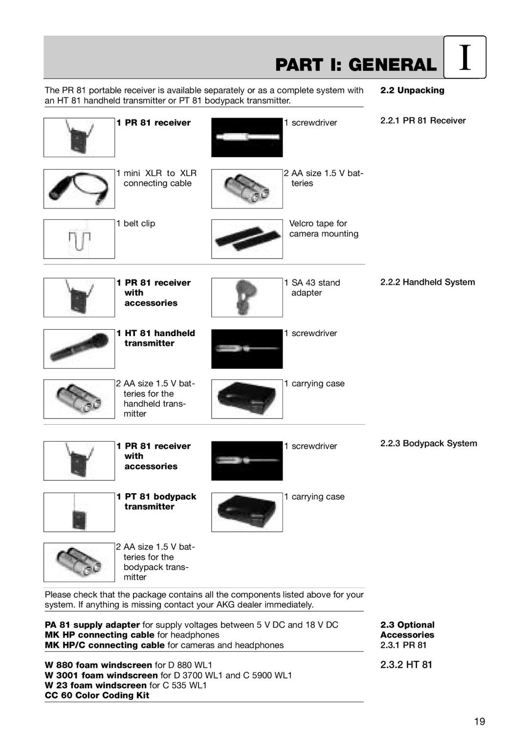 AKG Acoustics PT 81 manual Unpacking, PR 81 receiver with accessories HT 81 handheld transmitter 