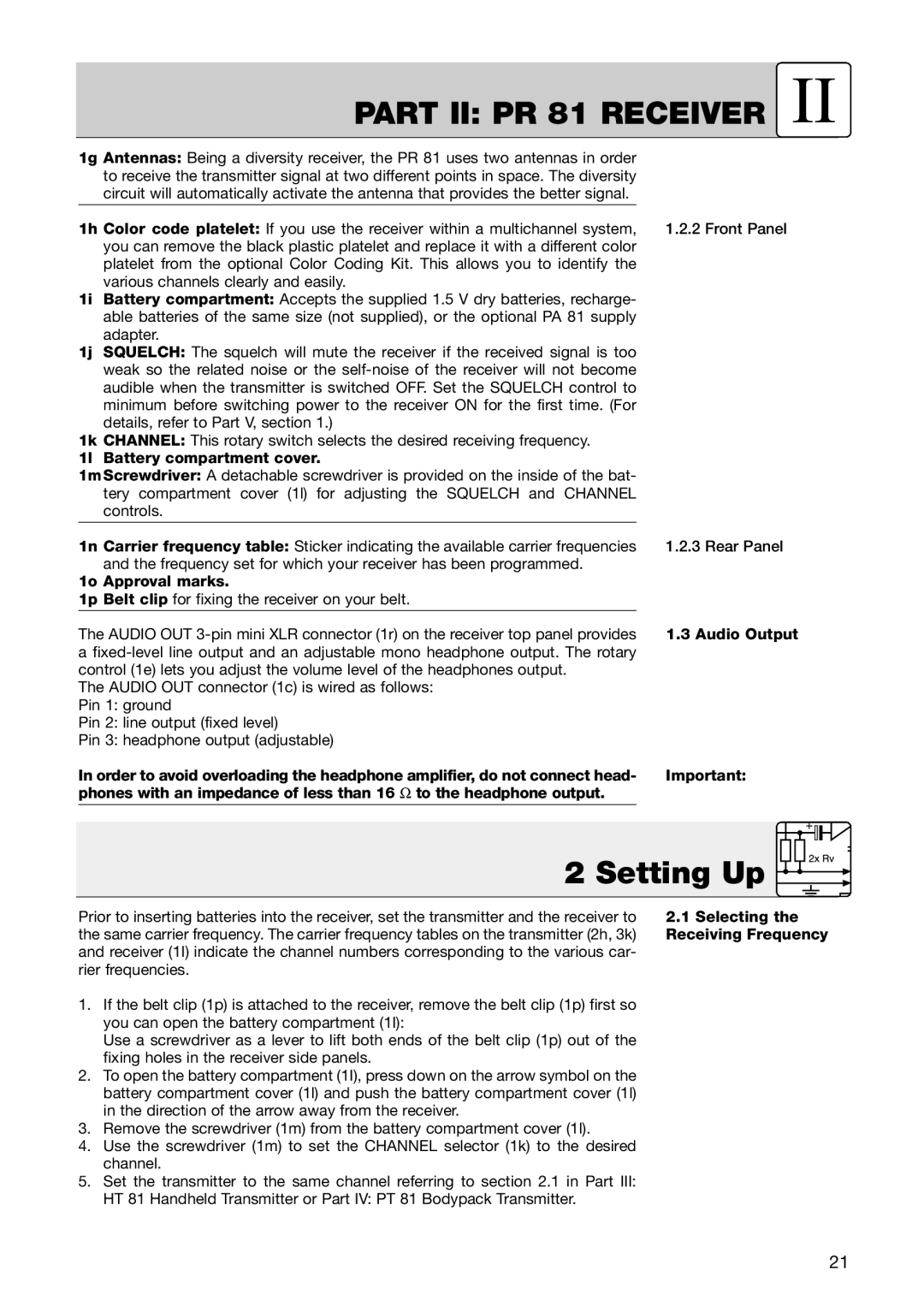 AKG Acoustics PT 81, HT 81 manual Part II PR 81 Receiver, Setting Up 