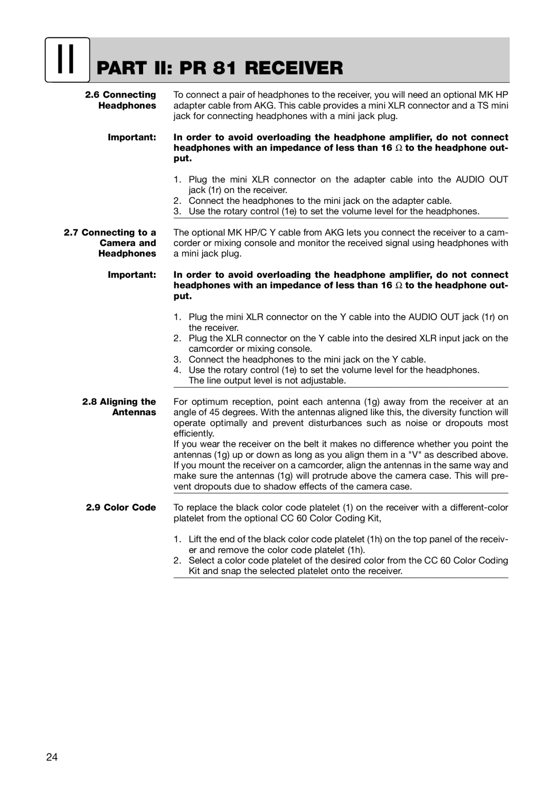 AKG Acoustics PT 81, HT 81 manual II Part II PR 81 Receiver 
