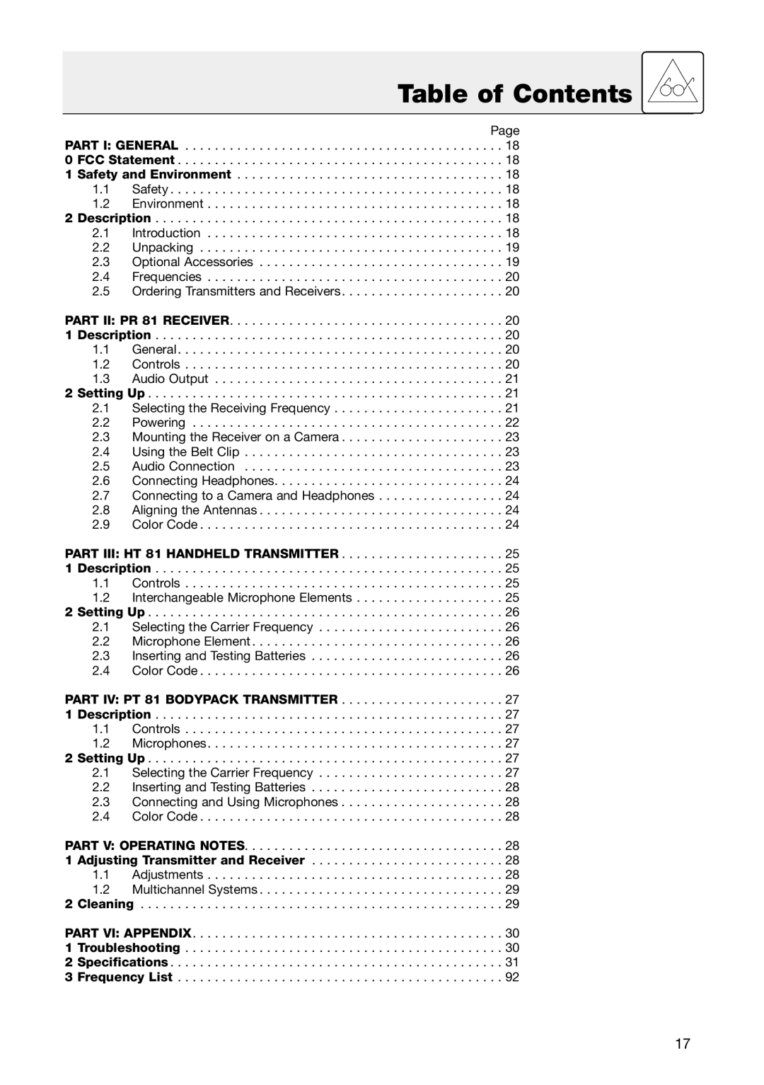 AKG Acoustics HT 81, PR 81, PT 81 manual Table of Contents 