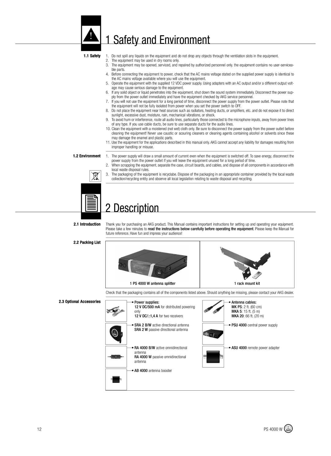 AKG Acoustics manual Safety and Environment, Description, Introduction Packing List, PS 4000 W antenna splitter 