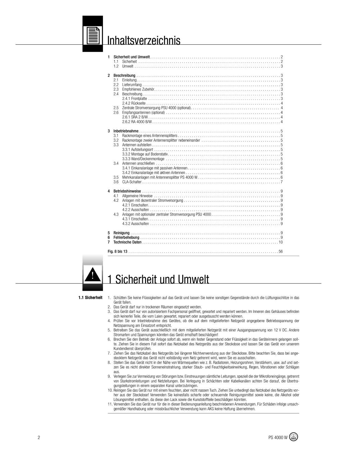 AKG Acoustics PS 4000 W manual Inhaltsverzeichnis, Sicherheit und Umwelt 