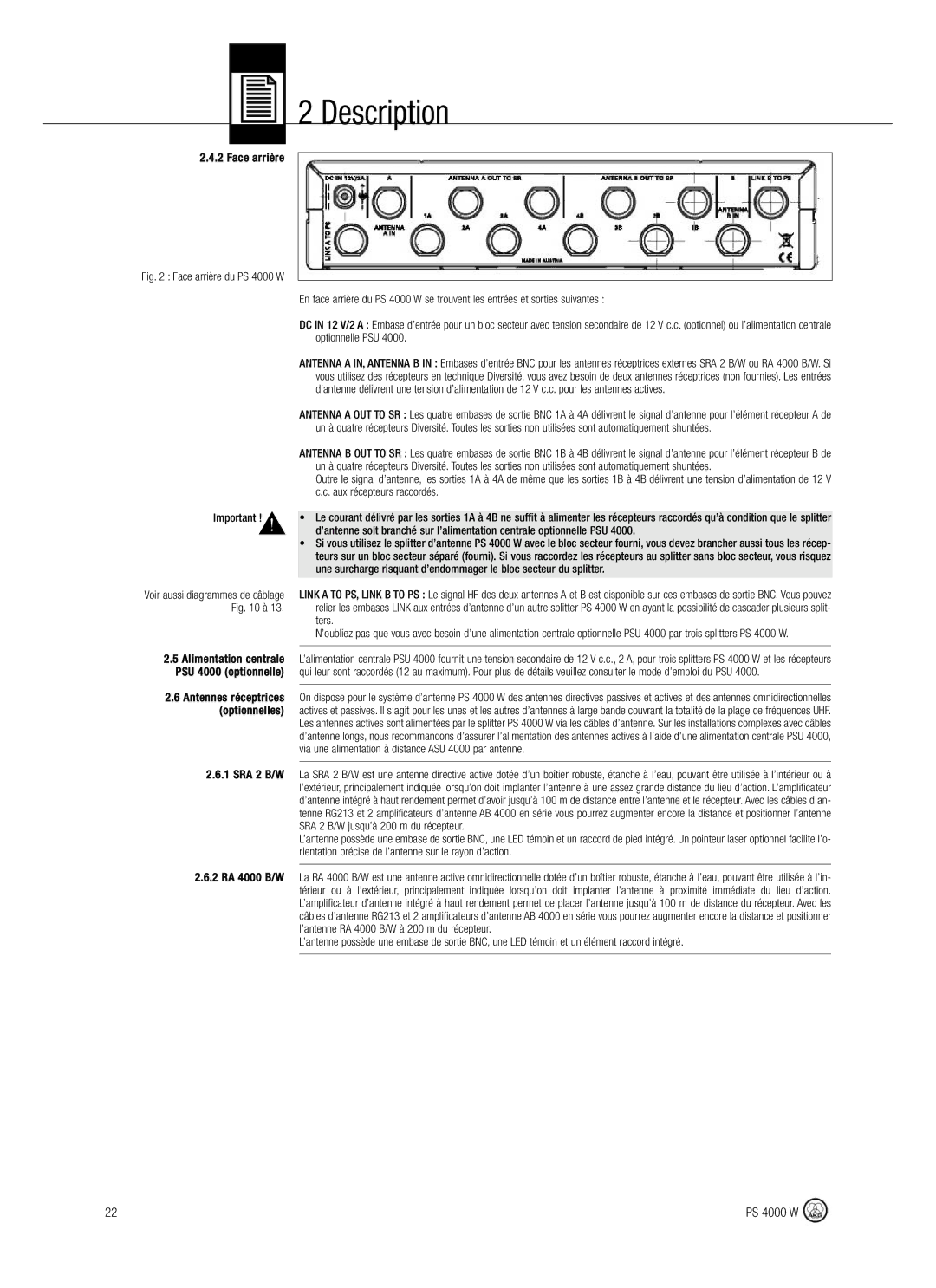 AKG Acoustics manual Face arrière du PS 4000 W 