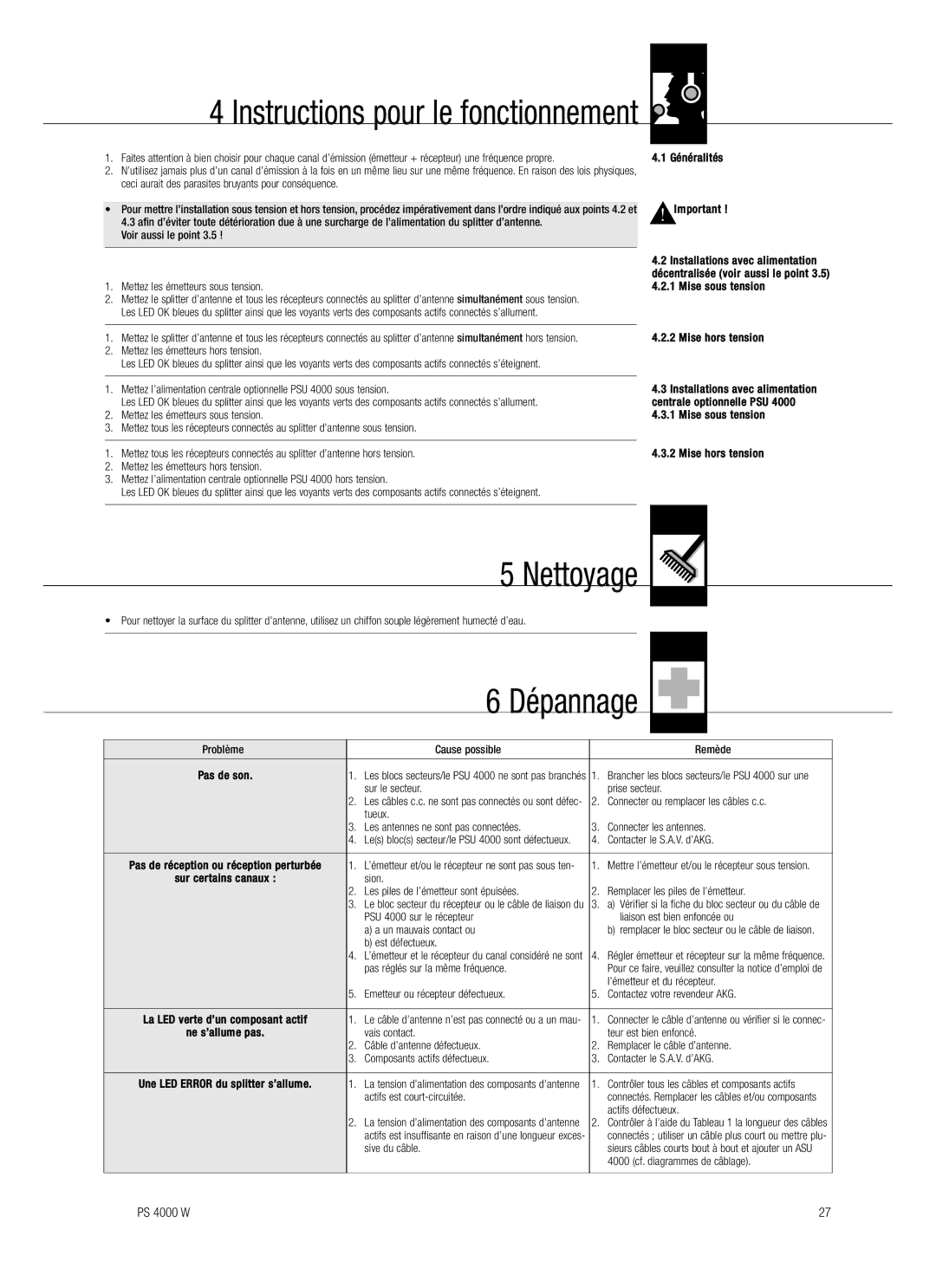 AKG Acoustics PS 4000 W manual Instructions pour le fonctionnement, Nettoyage 