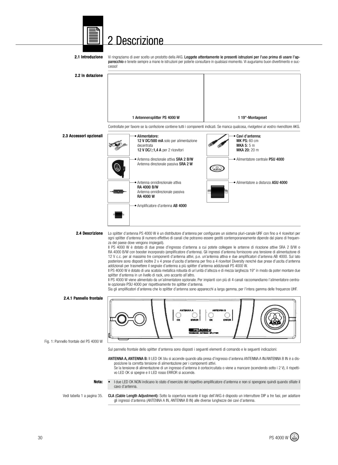 AKG Acoustics PS 4000 W manual Descrizione, Pannello frontale, Vo LED OK si spegne e il LED rosso Error si accende, Nota 