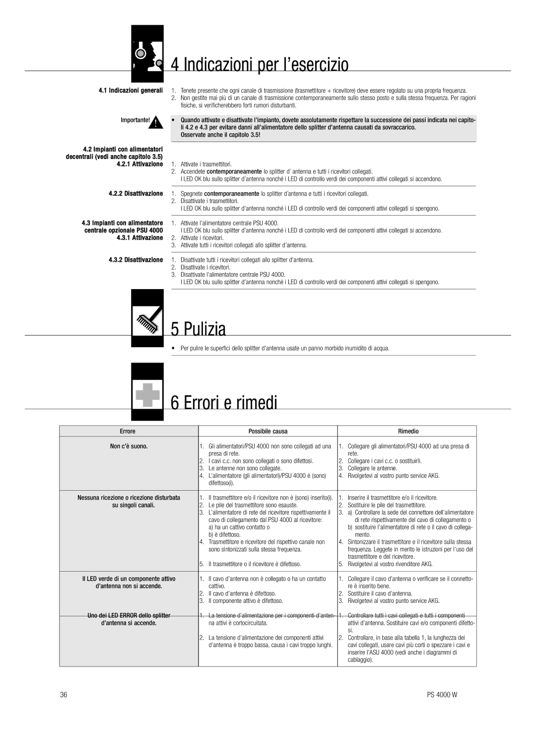AKG Acoustics PS 4000 W manual Indicazioni per l’esercizio, Pulizia, Errori e rimedi 