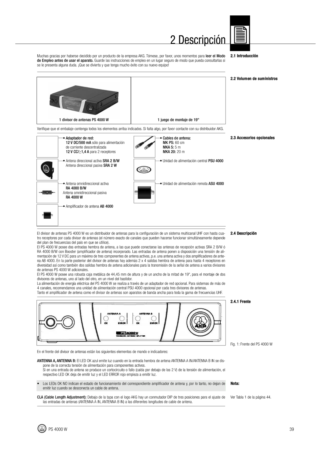 AKG Acoustics PS 4000 W manual Descripción 