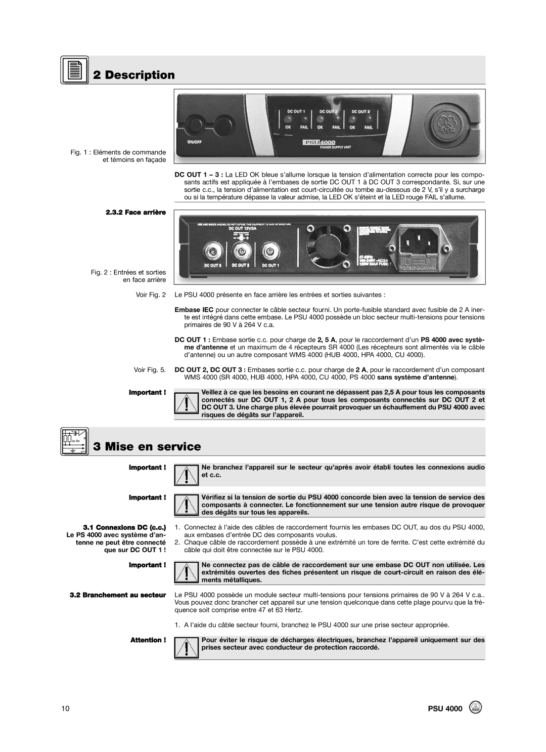 AKG Acoustics PSU4000 manual Mise en service, Face arrière 