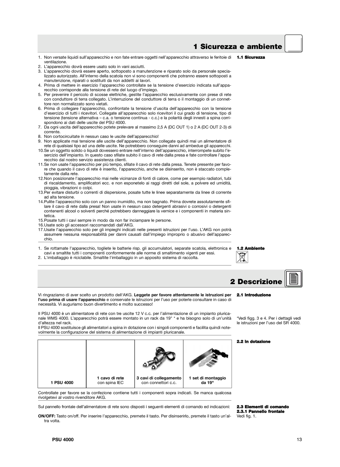 AKG Acoustics PSU4000 manual Sicurezza e ambiente, Descrizione 