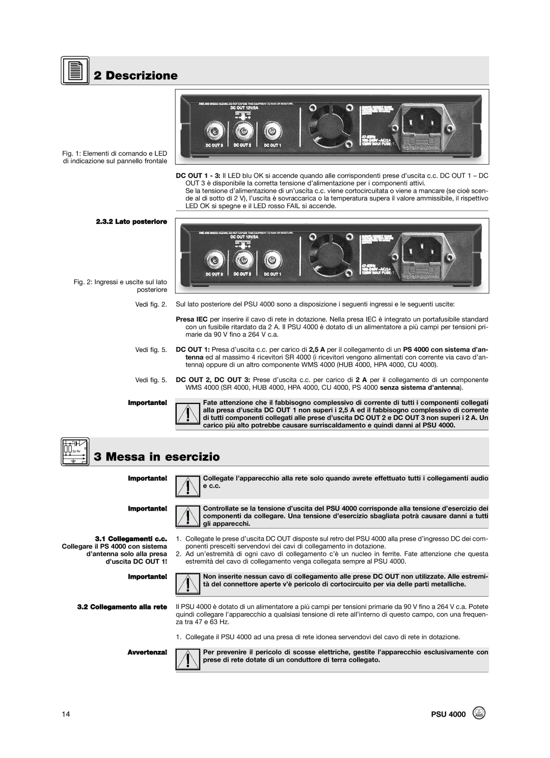 AKG Acoustics PSU4000 manual Messa in esercizio, Lato posteriore 