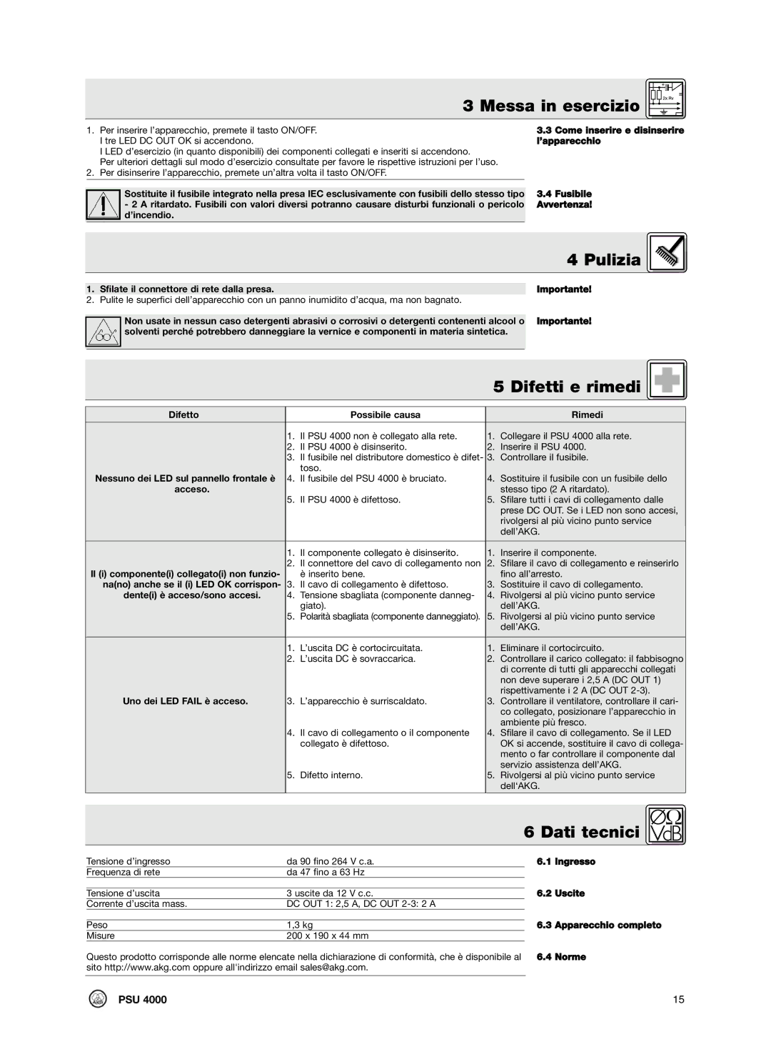 AKG Acoustics PSU4000 manual Pulizia, Difetti e rimedi, Dati tecnici 