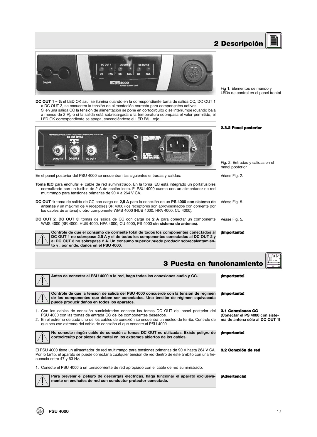 AKG Acoustics PSU4000 manual Puesta en funcionamiento, Panel posterior 