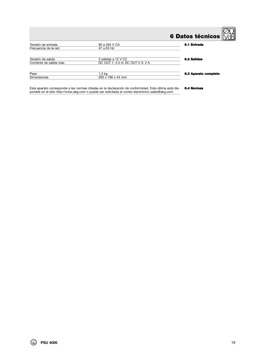 AKG Acoustics PSU4000 manual Datos técnicos, Entrada, Salidas, Normas 