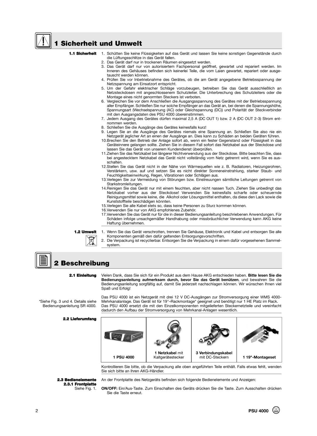 AKG Acoustics PSU4000 Sicherheit und Umwelt, Beschreibung, Lieferumfang PSU Netzkabel mit Kaltgerätestecker, Montageset 