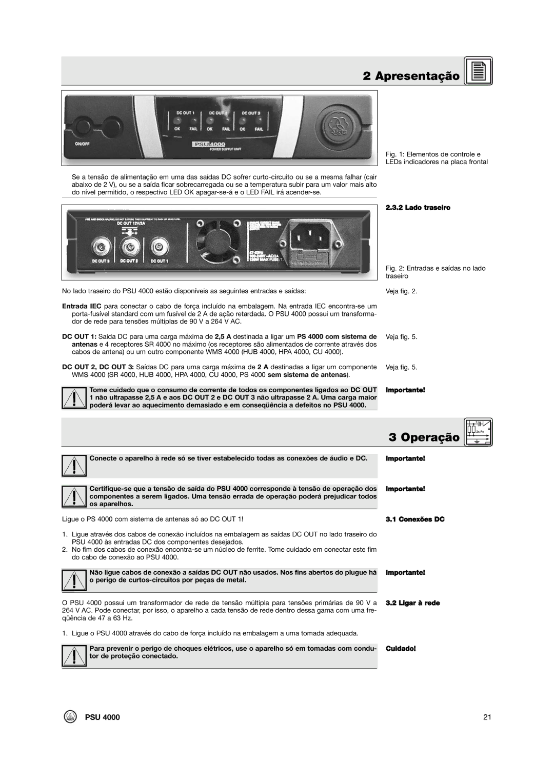 AKG Acoustics PSU4000 manual Operação, Lado traseiro, Qüência de 47 a 63 Hz 