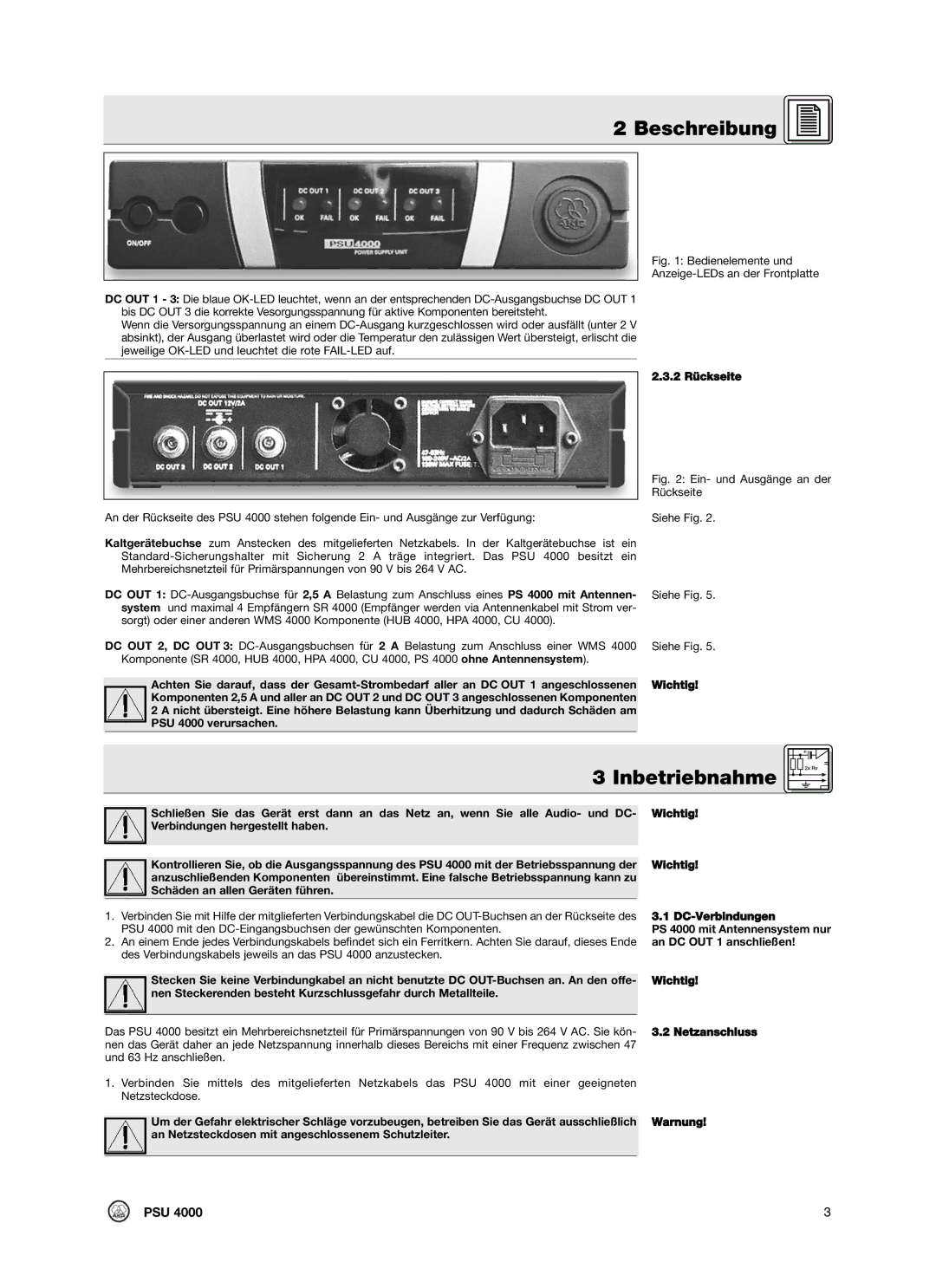 AKG Acoustics PSU4000 manual Inbetriebnahme, 2 Rückseite, DC-Verbindungen, An DC OUT 1 anschließen 