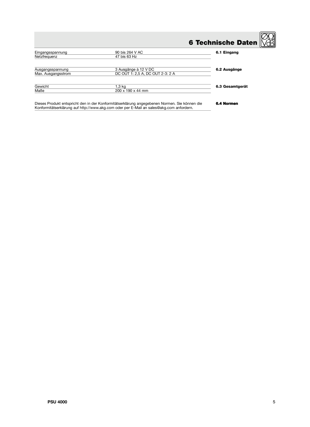 AKG Acoustics PSU4000 manual Technische Daten, Normen 