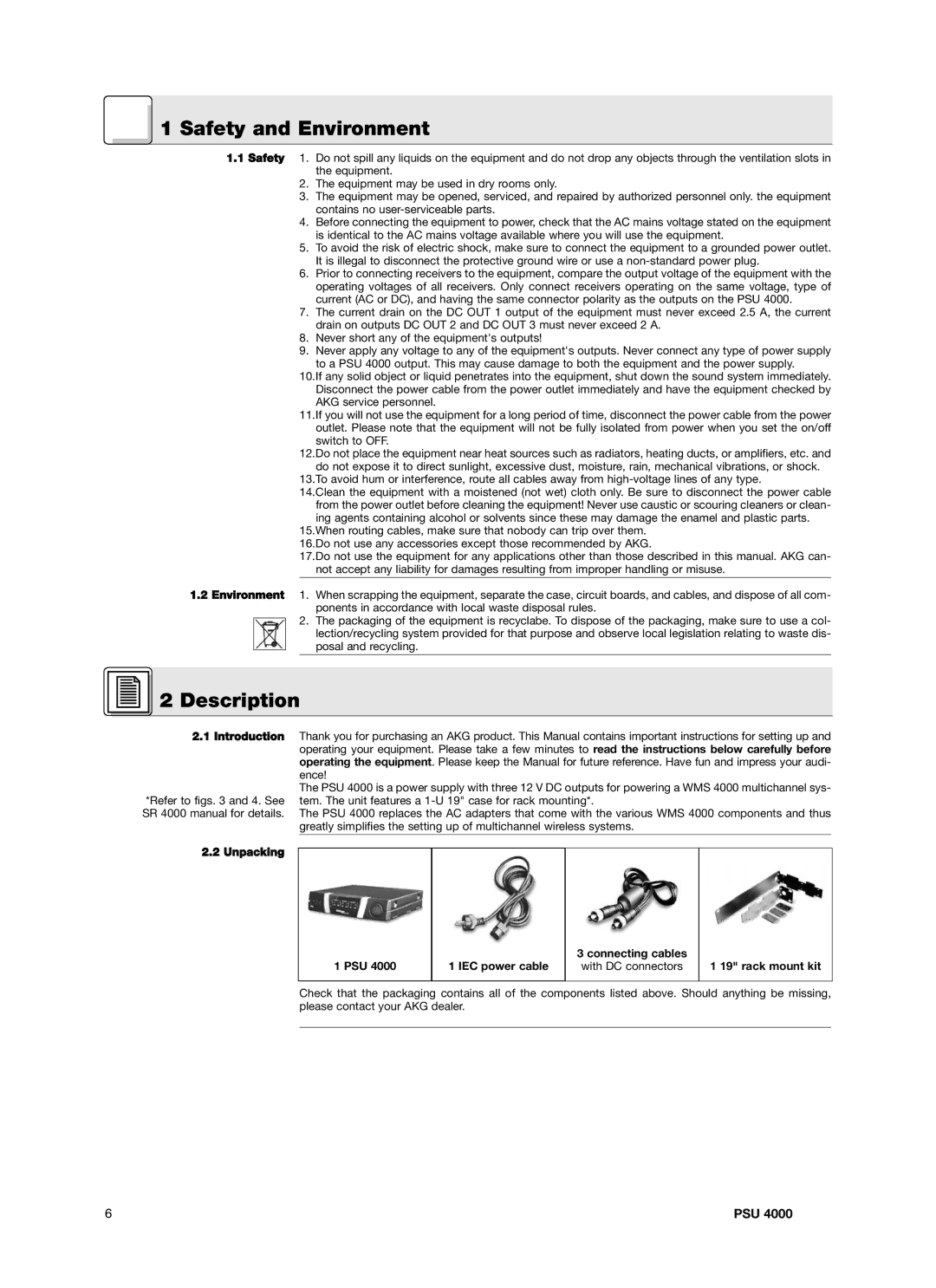 AKG Acoustics PSU4000 manual Safety and Environment, Description, Unpacking PSU IEC power cable, Rack mount kit 